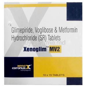 Xenoglim MV2,Glimepiride 2 mg/ Metformin 500 mg/ Voglibose 0.2 mg,Xena Coronus Health Care Pvt Ltd, Box front view