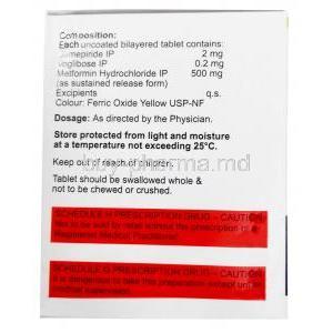 Xenoglim MV2,Glimepiride 2 mg/ Metformin 500 mg/ Voglibose 0.2 mg,Xena Coronus Health Care Pvt Ltd, Box information