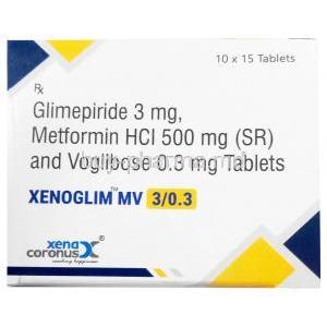 Xenoglim MV3, Glimepiride 3 mg/ Metformin 500 mg/ Voglibose 0.3 mg,Xena Coronus Health Care Pvt Ltd, Box front view