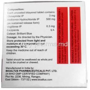 Xenoglim MV3, Glimepiride 3 mg/ Metformin 500 mg/ Voglibose 0.3 mg,Xena Coronus Health Care Pvt Ltd, Box information