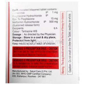 Xenoglim MP1,Glimepiride 1 mg/ Metformin 500 mg/ Pioglitazone 15 mg,Xena Coronus Health Care Pvt Ltd, Box information