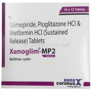 Xenoglim MP2, Glimepiride 2 mg/ Metformin 500 mg/ Pioglitazone 15 mg,Xena Coronus Health Care Pvt Ltd, Box front view