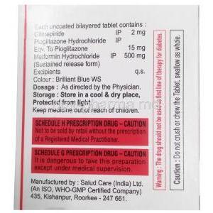 Xenoglim MP2, Glimepiride 2 mg/ Metformin 500 mg/ Pioglitazone 15 mg,Xena Coronus Health Care Pvt Ltd, Box information