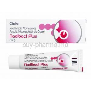 Nadibact Plus Cream, Miconazole, Mometasone and Nadifloxacin box and tube
