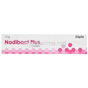 Nadibact Plus Cream, Miconazole 20 mg / Mometasone 1 mg / Nadifloxacin 10 mg Cream 10 g, Box front view