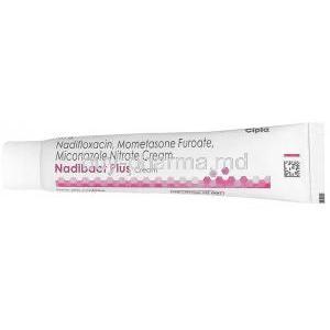 Nadibact Plus Cream, Miconazole 20 mg / Mometasone 1 mg / Nadifloxacin 10 mg Cream 10 g, Tube front view