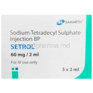 Setrol Injection, Sodium Tetradecyl Sulphate 3%(60mg per 2mL), 5 X Ampoule 2mL, Samarth Life Sciences,Box front view