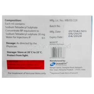 Setrol Injection, Sodium Tetradecyl Sulphate 3%(60mg per 2mL), 5 X Ampoule 2mL,Samarth Life Sciences,Box information