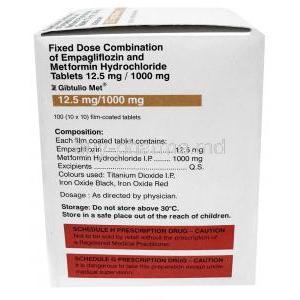 Gibtulio Met, Empagliflozin 12.5 mg/ Metformin 1000 mg, 60 tablets,Lupin Ltd, Box information, Composition, Storage