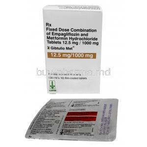 Gibtulio Met, Empagliflozin 12.5 mg/ Metformin 1000 mg, 60 tablets,Lupin Ltd, Box, Blisterpack information