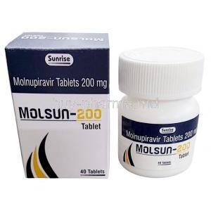 Molsun 200, Molnupiravir 200 mg, 40tablets, Sunrise Remedies, Box, Bottle
