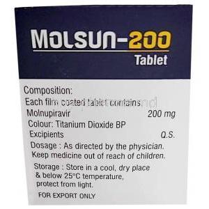 Molsun 200, Molnupiravir 200 mg, 40tablets, Sunrise Remedies, Box information,Dosage, Storage