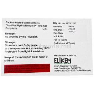 Clonikem, Clonidine 0.1 mg, Elkem Healthcare, Box information