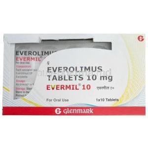 Evermil 10, Everolimus 10 mg, Glenmark Pharma、Box front view