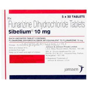 Sibelium 10 mg, Flunarizine Dihydrochloride 10 mg, Janssen Pharma, Box front view