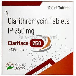 Clariface 250, Clarithromycin 250 mg,Healing Pharma India Pvt Ltd, Box front view