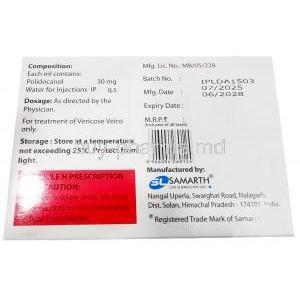 Asklerol Injection,Polidocanol 3%, 5X Ampoule 2mL, Samarth Life Sciences, Box information