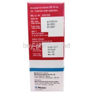 Micalan Injection, Micafungin 50 mg, Vial, Mylan Pharmaceuticals Pvt Ltd, Box information, Mfg date, Exp date