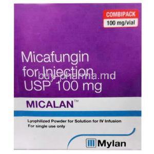Micalan Injection, Micafungin 100 mg, Vial, Mylan Pharmaceuticals Pvt Ltd, Box front view