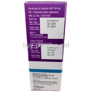 Micalan Injection, Micafungin 100 mg, Vial, Mylan Pharmaceuticals Pvt Ltd, Box information, Mfg date, Exp date