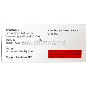 Clenash 80, Clenbuterol 80 mcg, Asher Pharmaceuticals, Box information, Composition, Caution