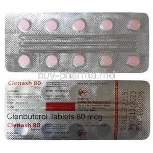 Clenash 80, Clenbuterol 80 mcg, Asher Pharmaceuticals, Bliterpack front view, Blisterpack information