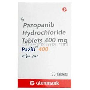 Pazib 400, Pazopanib 400 mg, 30 tablets, Glenmark Pharmaceuticals, Box front view