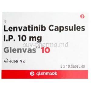 Glenvas 10, Lenvatinib 10 mg, 10 capsules, Glenmark Pharmaceuticals, Box front view
