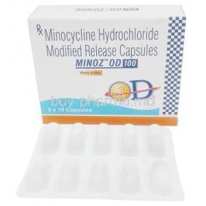 Minoz OD 100, Minocycline 100 mg, Capsule (MR), Sun Pharma,Box, Blisterpack