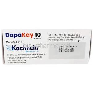DapaKay, Dapagliflozin 10 mg, Kachhela Medex, Box information, Mfg date, Exp date
