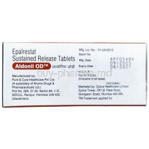 Aldonil OD, Epalrestat 150 mg, Zydus Cadila, Box information, Mfg date, Exp date