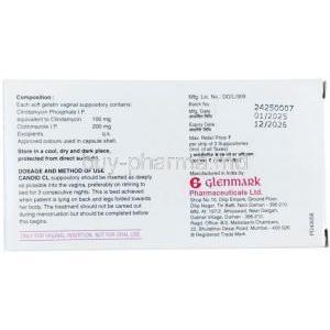 Candid-CL Vaginal Suppository, Clindamycin 100 mg / Clotrimazole 200 mg, 3 Vaginal Suppository, Glenmark Pharmaceuticals, Box information