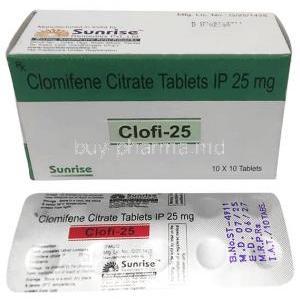 Clofi, Clomiphene 25mg, Sunrise Remedies, Box, Blisterpack information