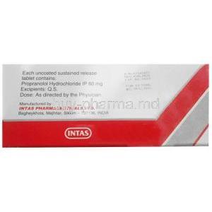 Provanol SR 60, Propranolol 60 mg, SR tablet, Intas Pharmaceuticals Ltd, Box information