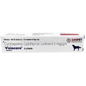 Visiocare Ophthalmic Ointment for Dogs, Cyclosporine 2 mg per gram, 5 g, SAVA Healthcare, Box front view
