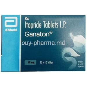 Ganaton, Itopride 50 mg, Abbott, Box front view (New package)