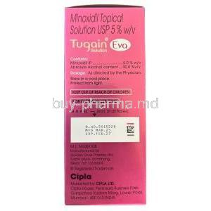 Tugain Eva Solution, Minoxidil 5%, Solusion 60 mL, Cipla, Box information, Mfg date, Exp date
