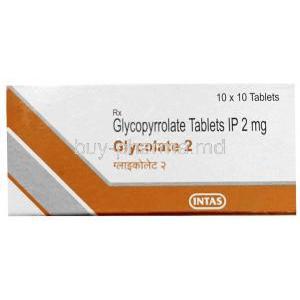 Glycolate 2, Glycopyrrolate 2 mg, Intas Pharmaceuticals, Box front view