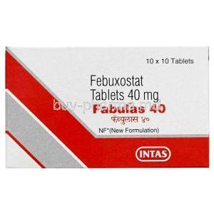 Fabulas 40, Febuxostat 40 mg, Intas Pharmaceuticals, Box front view