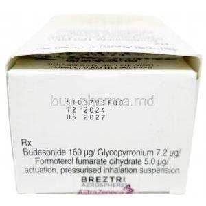 Breztri Aerosphere, Glycopyrrolate 7.2 mcg /Formoterol 5 mcg/ Budesonide 160 mcg, 120 Inhalation, AstraZeneca India, Box information, Mfg date, Exp date