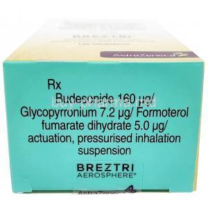 Breztri Aerosphere, Glycopyrrolate 7.2 mcg /Formoterol 5 mcg/ Budesonide 160 mcg, 120 Inhalation, AstraZeneca India, Box bottom view