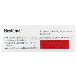 Nexluma, Lumateperone 42 mg, Sun Pharma, Box information, Dosage, Caution