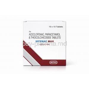 2-Hifenac Max,Thiocolchicoside 4 mg, Aceclofenac 100 mg, Paracetamol 325 mg, Intas Pharma, Box front view