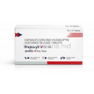 2-Daparyl-V, Dapagliflozin10mg, Vildagliptin 100 mg, Intas Pharma, Box front view