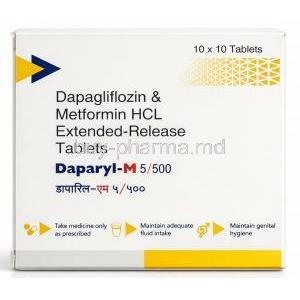Daparyl-M, Dapagliflozin 5 mg/Metformin 500 mg, Intas Pharma, Box front view