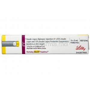 Humalog Mix25 KwikPen, Insulin Lispro Biphasic Injection 100 IU/mL Box side view