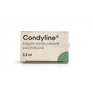 Condyline, Podophyllotoxin 0.5%, Solution 3.5 mL, Karo Pharma, Box top view
