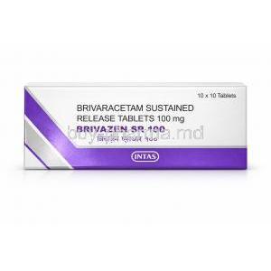 Brivazen SR 100, Brivaracetam 100 mg, 10 tablets, Intas Pharma, Box front view