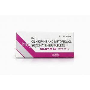 Cilny-M 50, Cilnidipine10 mg/  Metoprolol 50 mg, Intas Pharma, Box front view
