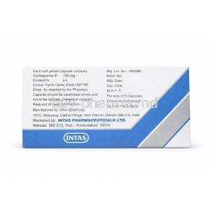 Grafotas 100, Cyclosporine Capsules 100 mg (Intas) Box back information